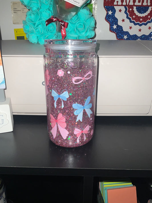 Pink and blue bow cup